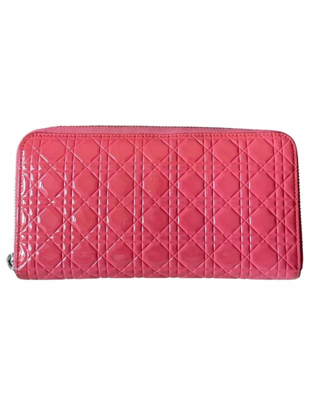 Dior Cannage Patent Leather Zip Around Wallet Coral Pink